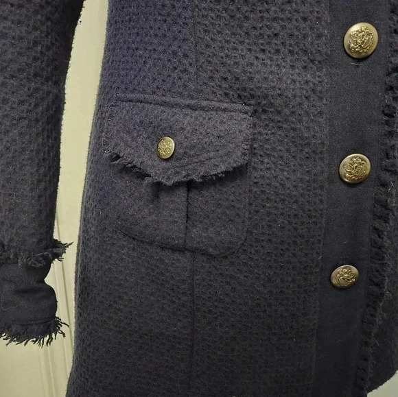 Nick & Mo Pea Coat Navy Blue Dark Academia Whimsy Goth Fringe Wool Blend Size L - Picture 8 of 10